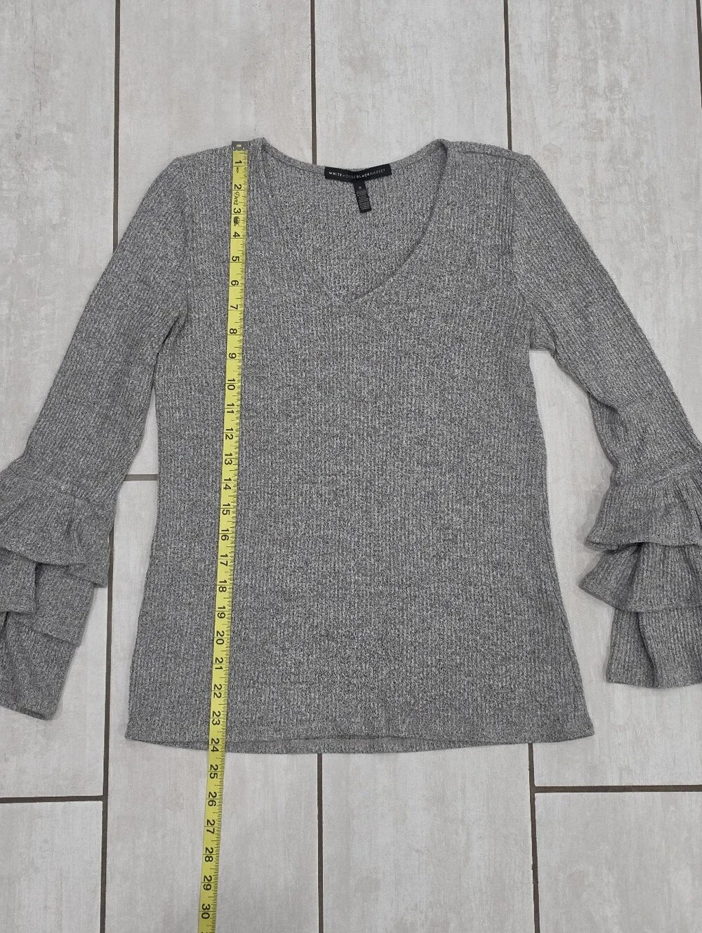 WHITE HOUSE BLACK MARKET Gray Ribbed V-Neck Sweater with Tiered Ruffle Sleeves
